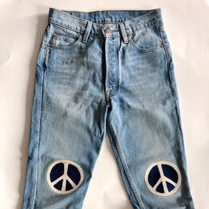 Bliss and Mischief Peace Embroidered Denim Anthropologie Anthro Jeans